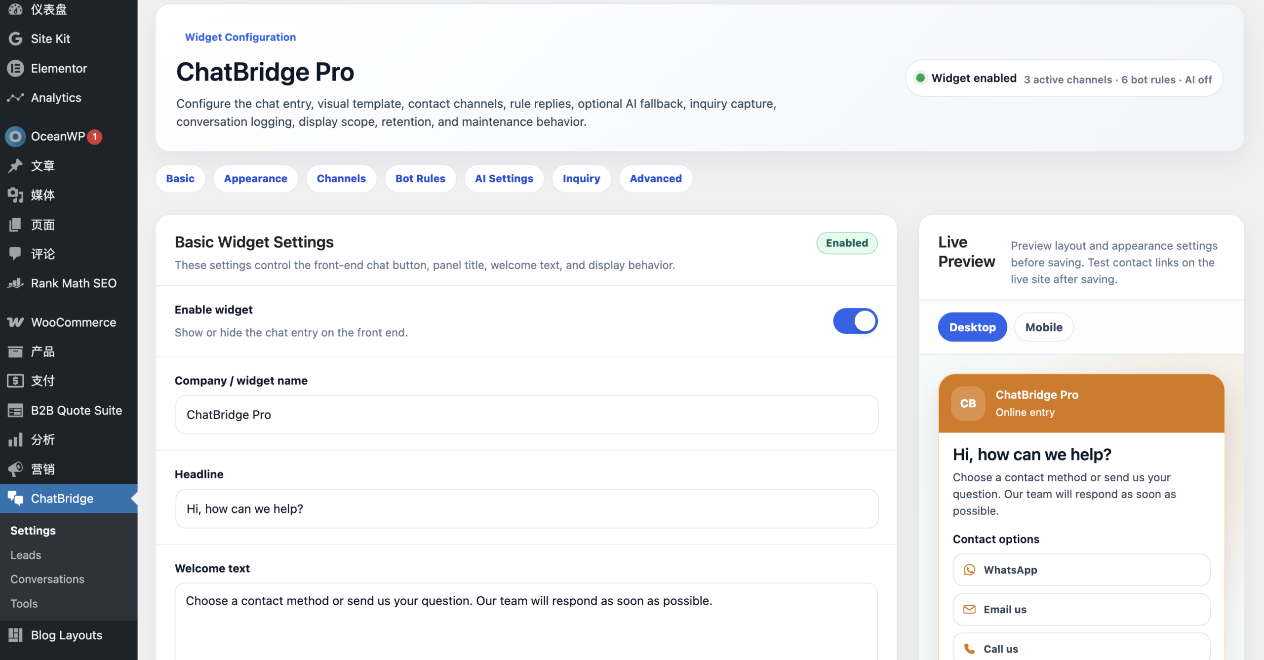 ChatBridge for WordPress contact widget preview