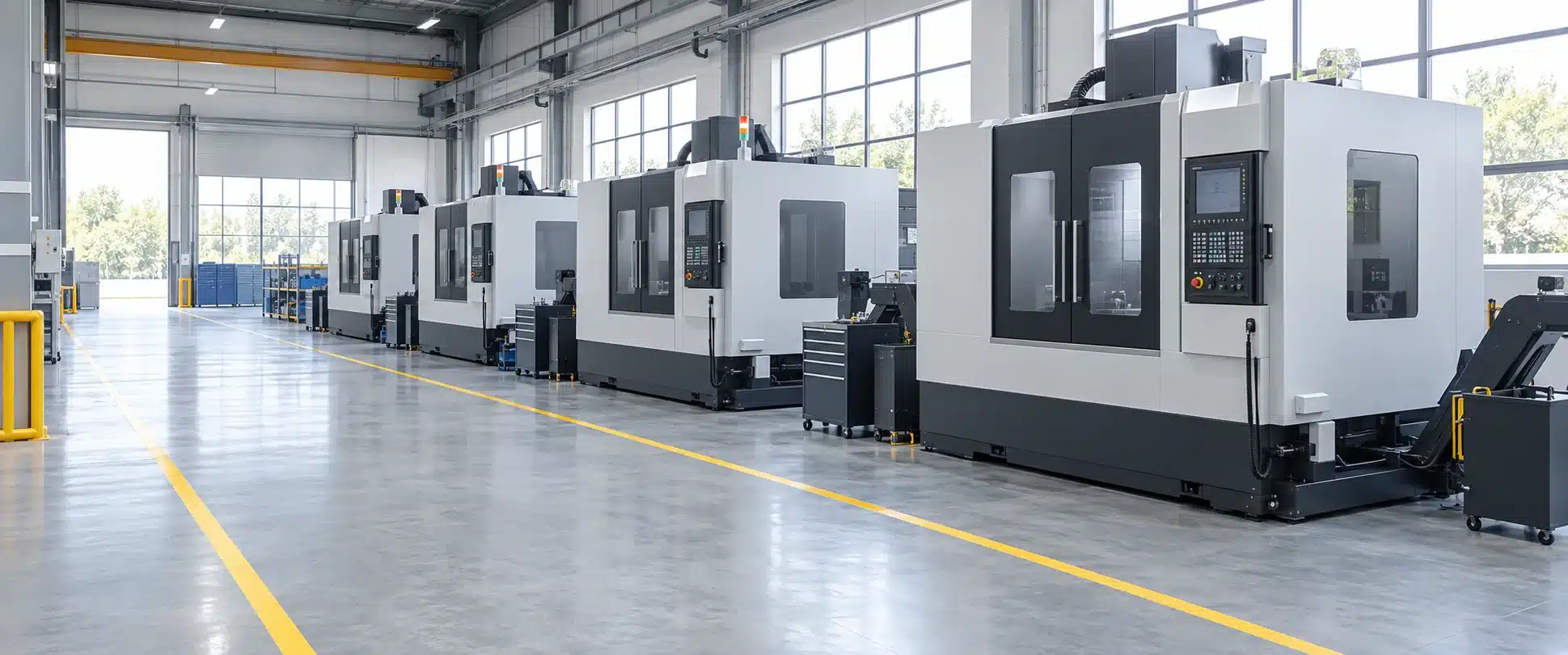 CNC machining guide banner: rows of CNC machining centers in an automated workshop